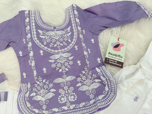 Baby Girls Lavender Embroidered Sharara Suit Set with Dupatta, White Thread Work Ethnic Outfit, GRL-2093