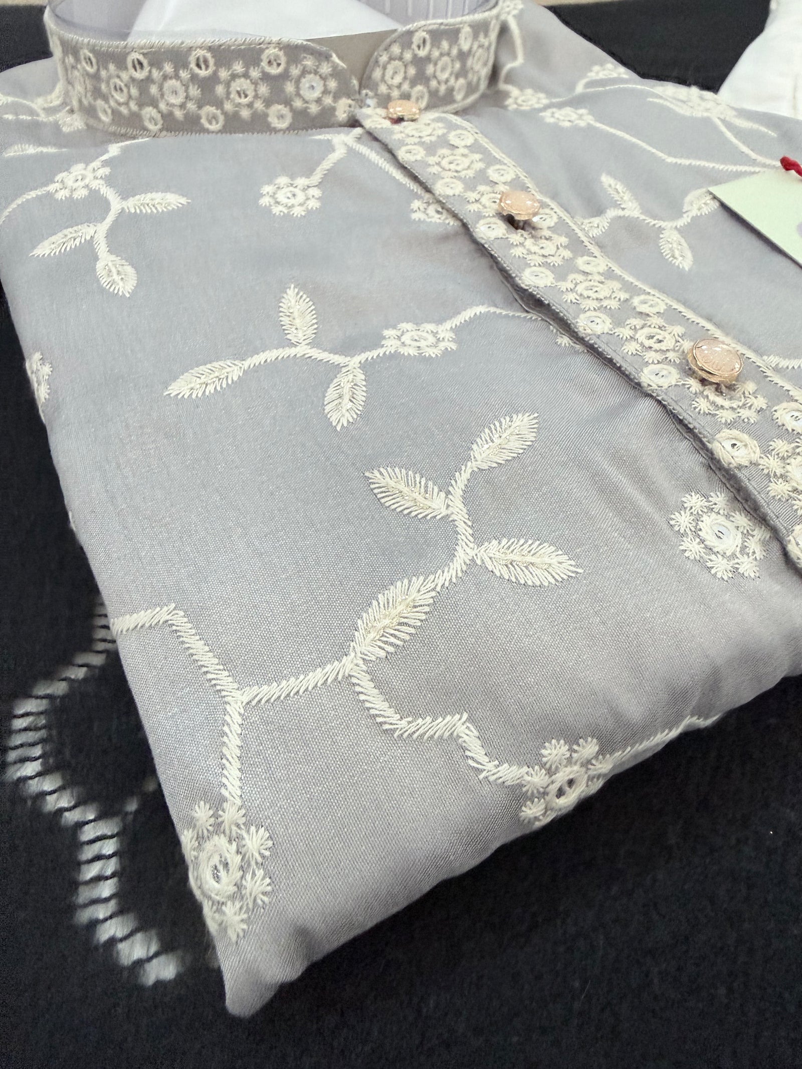 Men’s Light Gray Embroidered Kurta Pajama Set with with White Floral Embroidery, Sequins Work, Indian Ethnic Wear, KPS-3008