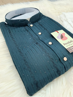 Men’s Teal Shade Sequins Embroidered Kurta Pajama Set – Indian Wedding & Partywear Traditional 2PC Outfit, Size 58 , 5XL, KP-2025