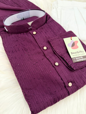 Men’s Wine Shade Sequins Embroidered Kurta Pajama Set – Indian Wedding & Partywear Traditional 2PC Outfit, Size 58 , 5XL, KP-2024