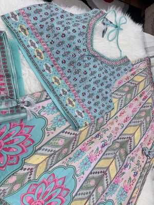 Aqua Blue & Pink Lehenga Choli Set with Dupatta – Digital Floral Print, Mirror-Style Sequin Work, Indian Wedding Festive Wear, LHG - 4010