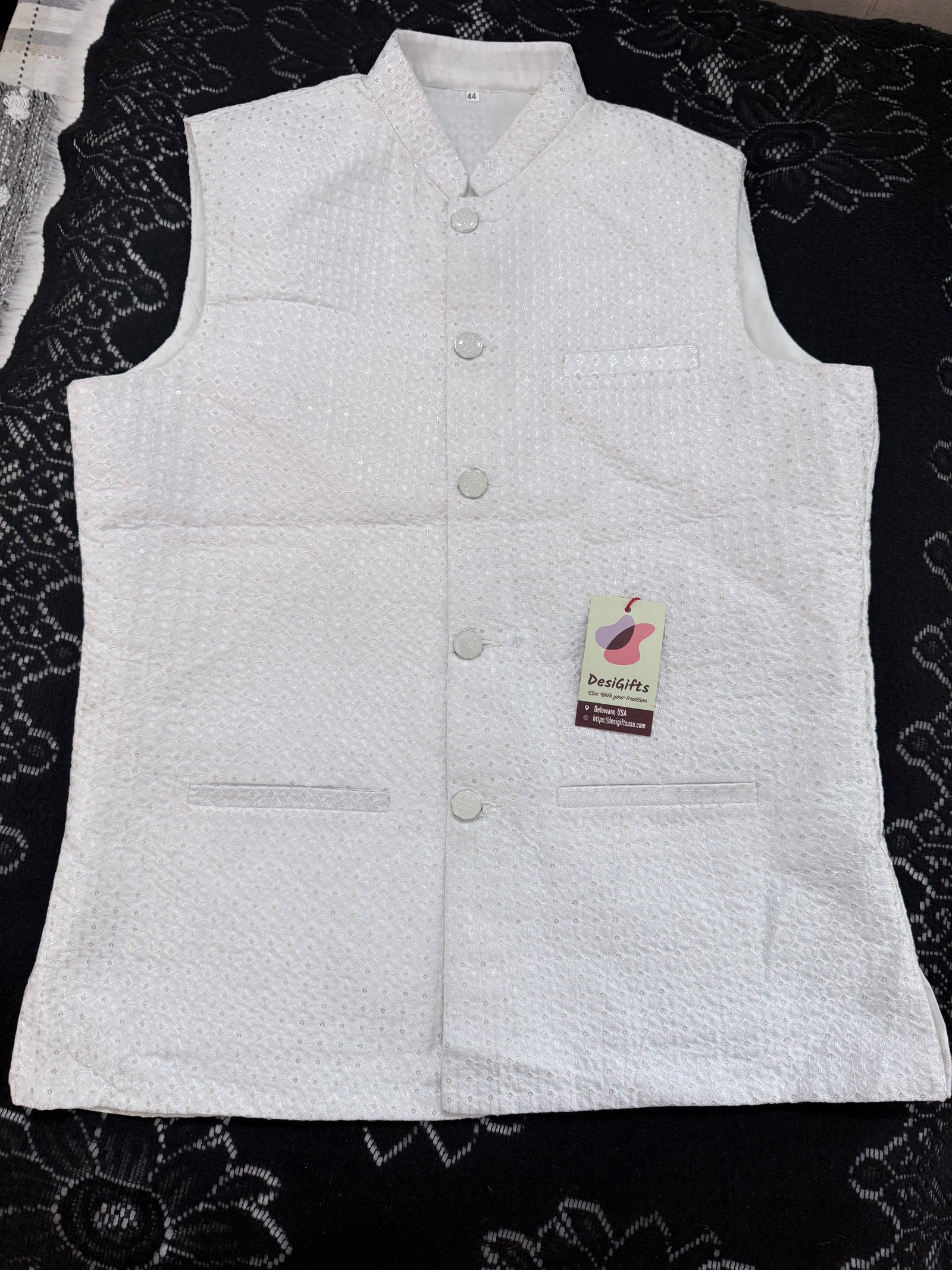 Men’s White Embroidered Jacket with Sequins – Premium Ethnic Waistcoat Sadri, J-2084