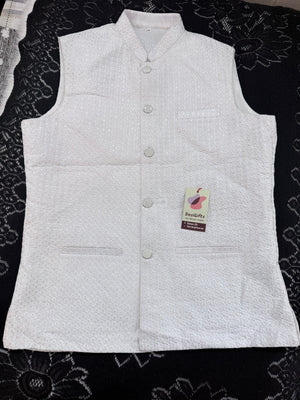 Men’s White Embroidered Jacket with Sequins – Premium Ethnic Waistcoat Sadri, J-2084