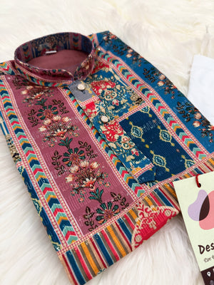 Maroon & Blue Multishade Boys’ Rayon with Sequins and Cotton Linen, Designer Dress with Print – BOY-2019