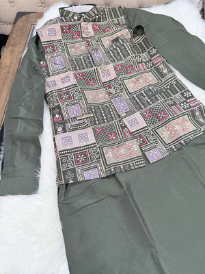 Stylish Men’s 3-Piece Olive Green Shade Kurta Pajama Set with Embroidered Sequins Jacket, Silk Ethnic Wear for Wedding & Festive, KPJ-2034