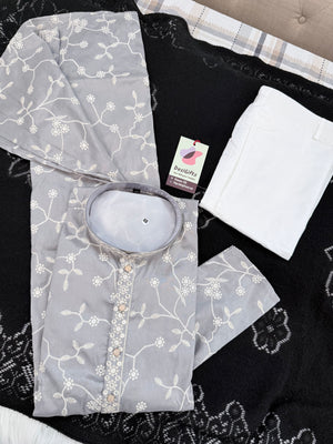 Men’s Light Gray Embroidered Kurta Pajama Set with with White Floral Embroidery, Sequins Work, Indian Ethnic Wear, KPS-3008