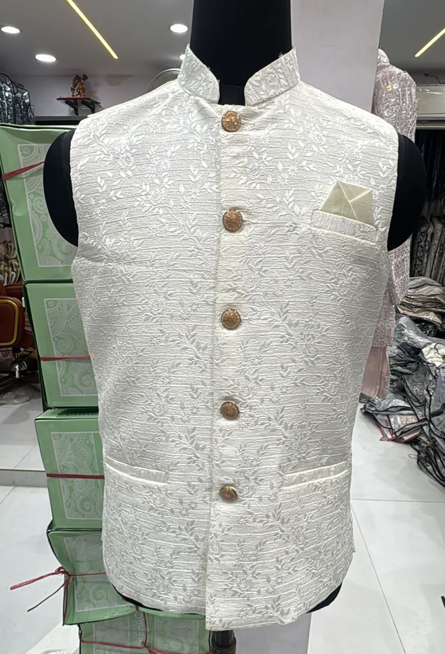 Premium  Cream Shade Jacket for Men, Self Woven Silk Indian Waistcoat, Sadri, Stylish Ethnic Jacket, J - 1968