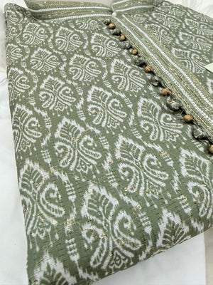 Men's Sage Green Printed Kurta Pajama Set | Designer Indian Ethnic Wear with Mandarin Collar | Wedding, Diwali & Festive Outfit, KP-4090