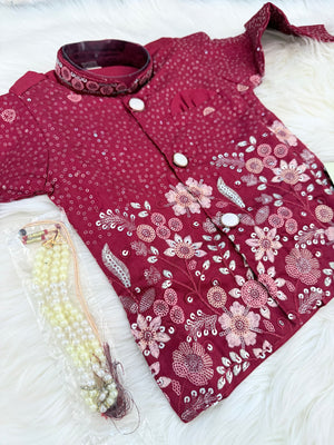 Baby Boy Maroon Embroidered Kurta Set with Dhoti and Pajama | Traditional Indian Ethnic Outfit, Wedding & Festive Wear | Sizes 002,  B-4061