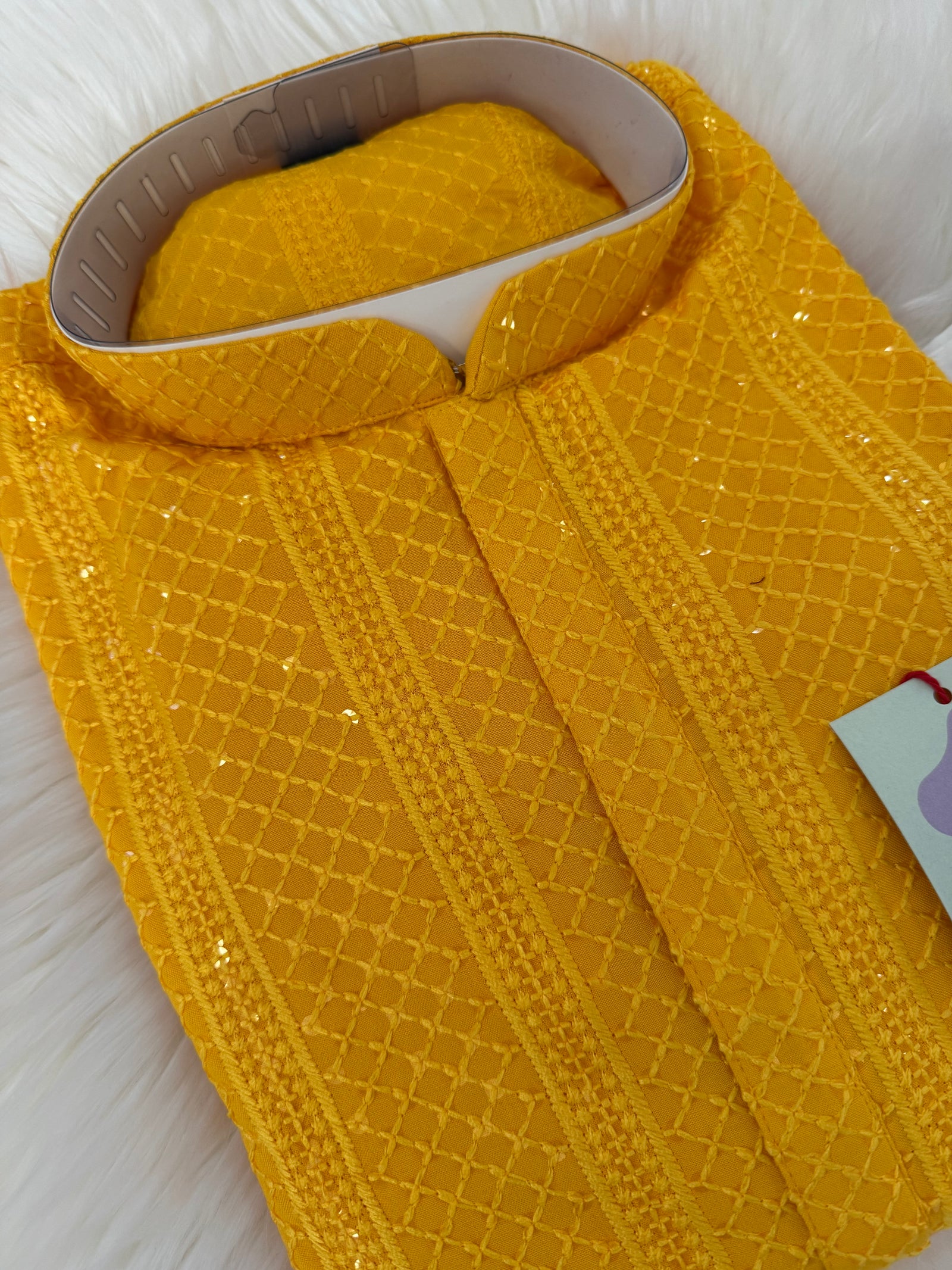 Exquisite Chikankari Sequins 2 Piece Kurta Pajama Set for Man, Yellow Shade, Embroidered Party Man's Wear, KP - 2045