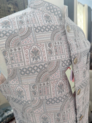 Men’s Light Blush Pink with Gray Woven Design Brocade Nehru Jacket – Indian Wedding Waistcoat, Festive Ethnic Modi Jacket, J-3076