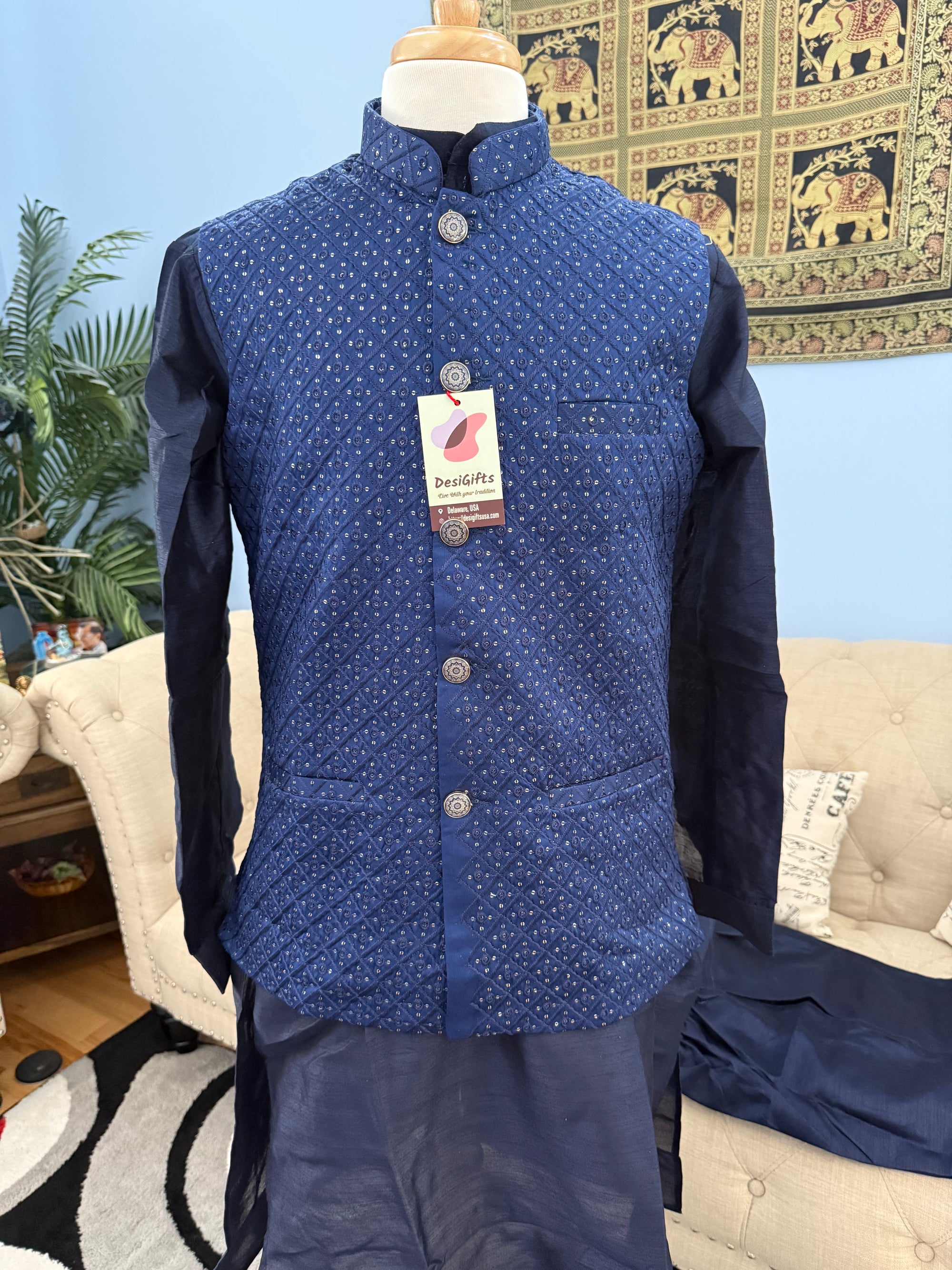 Admiral Blue Shade 3 Piece Kurta Pajama, Pant Style, with Embroidered Sequins Jacket Set-Silk Fabric, JKP- 1923