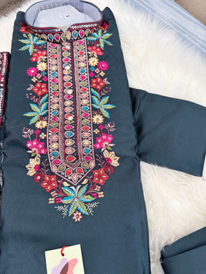 Graceful Navy Blue Embroidered Soft Silk Kurta Pajama Set for for Man, Festive Wedding Kurta Pajama with Dupatta , KP - 2035