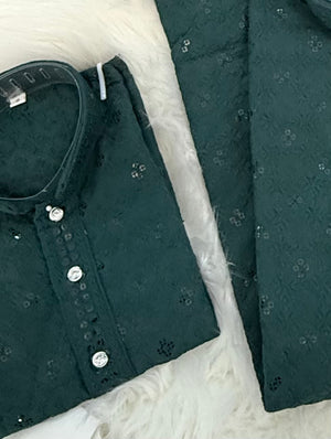 Men & Boys Green Rayon Chikankari with Sequins Kurta Pajama Set | Matching Father Son Festive Outfit with Sequin Work, DM -2078