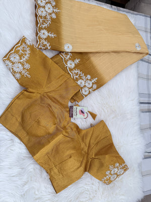 Soft Silk Blend Saree with White Floral Embroidery, Elegant Indian Wedding & Festive Saree with Stitched Blouse | Fall & Pico Done | Wedding, Festive & Party Wear, S- 3092