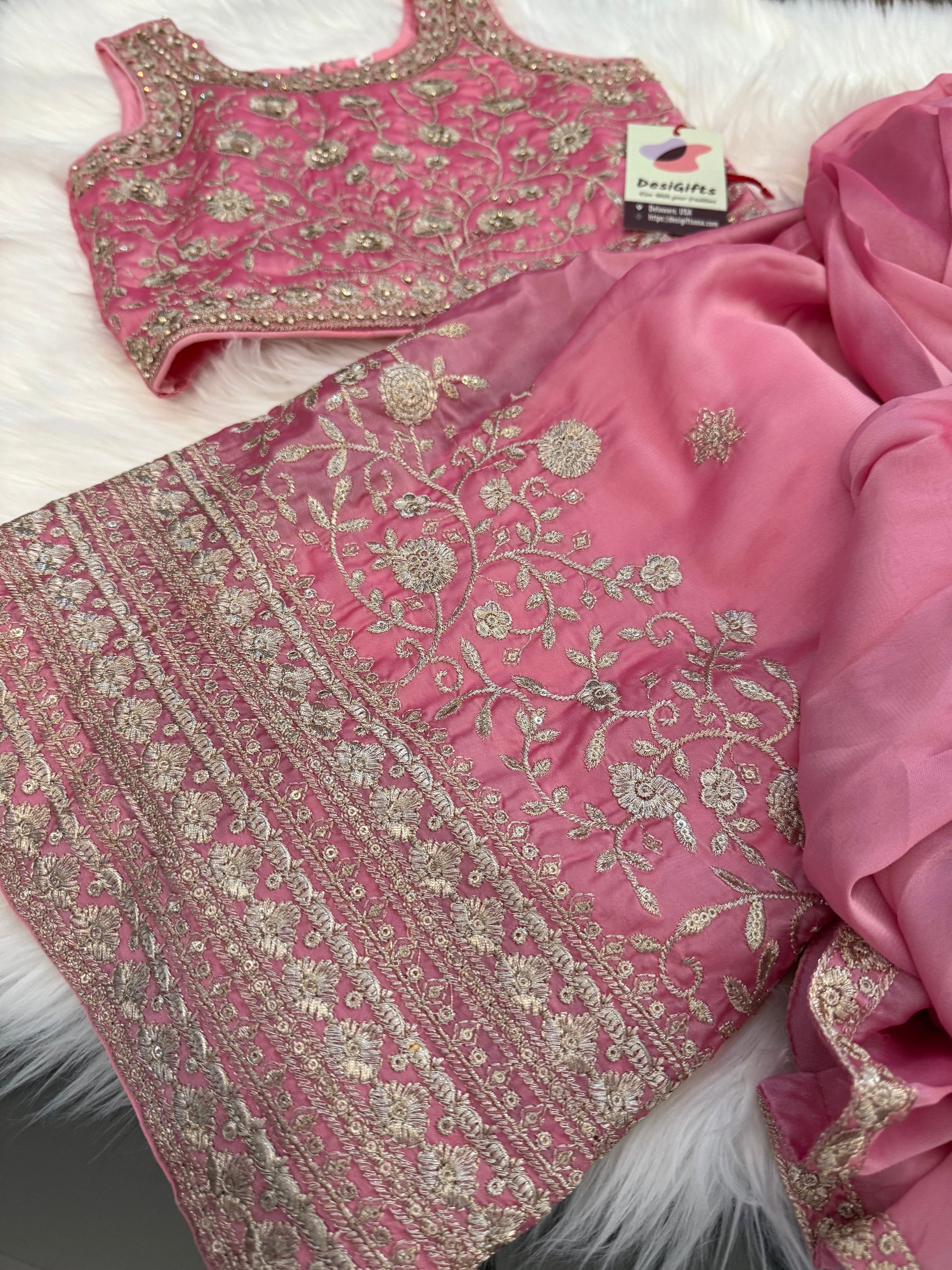 Pink Shade Lehnga Choli in Sari Style, Half Sari, , Indian traditional festive outfit for Princess, Girl Design GRL - 1957
