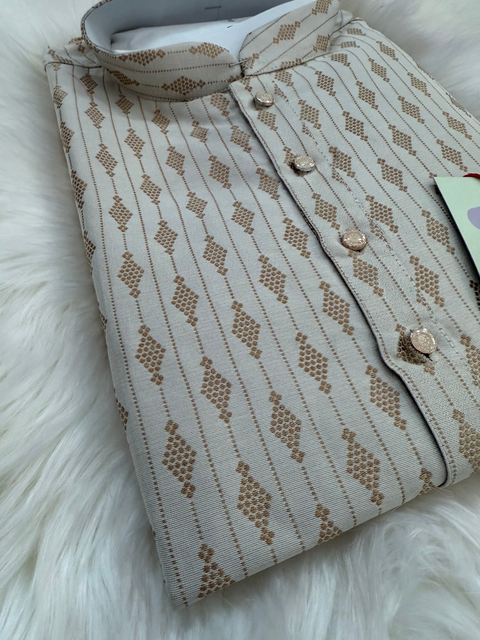 Light Beige with Golden Buty 2 Piece Jacquard Silk Kurta Pajama Set, Festive Kurta Pant Style Pajama, Man -1963