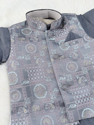 Gray Shade 3 Piece Boy's Cotton  Silk Ethnic Kurta with Jacket, and Pajama- Design B-2011