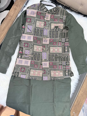Stylish Men’s 3-Piece Olive Green Shade Kurta Pajama Set with Embroidered Sequins Jacket, Silk Ethnic Wear for Wedding & Festive, KPJ-2034