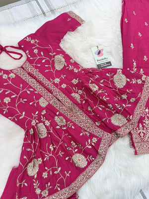 Girls Rani Pink Embroidered Sharara Suit Set with Dupatta, Indian Ethnic Party Wear for Weddings & Festivals,GRL-3002