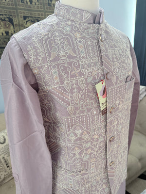 Men’s Pastel Purple 3-Piece Kurta Pajama with Heavy Embroidered Jacket, Wedding & Festive Ethnic Wear, KPJ-3079