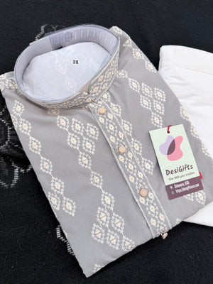 Men’s Ash Gray Embroidered Kurta Pajama Set with Sequins Work, Indian Ethnic Wear for Wedding & Festival, KPS-3010