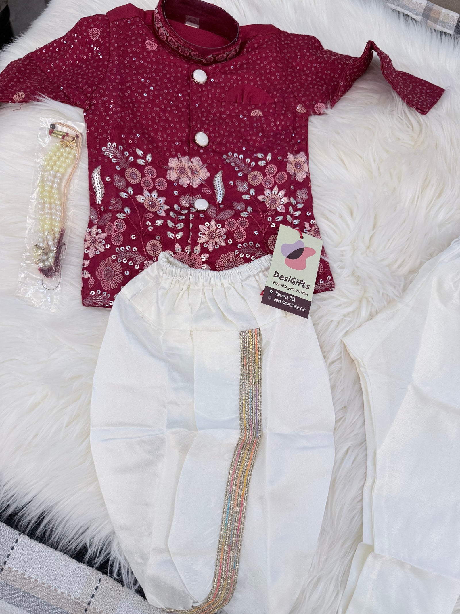 Baby Boy Maroon Embroidered Kurta Set with Dhoti and Pajama | Traditional Indian Ethnic Outfit, Wedding & Festive Wear | Sizes 002,  B-4061
