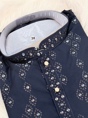 Men’s Navy Blue Embroidered Kurta Pajama Set with Sequins Work, Indian Ethnic Wear for Wedding & Festival, KPS-3014