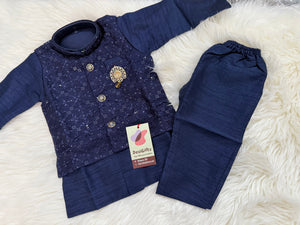 3 Piece Boy's Cotton Silk Kurta Dress with Embroidered Sequins Jacket and Pajama, Blue Shade- Design B-1588