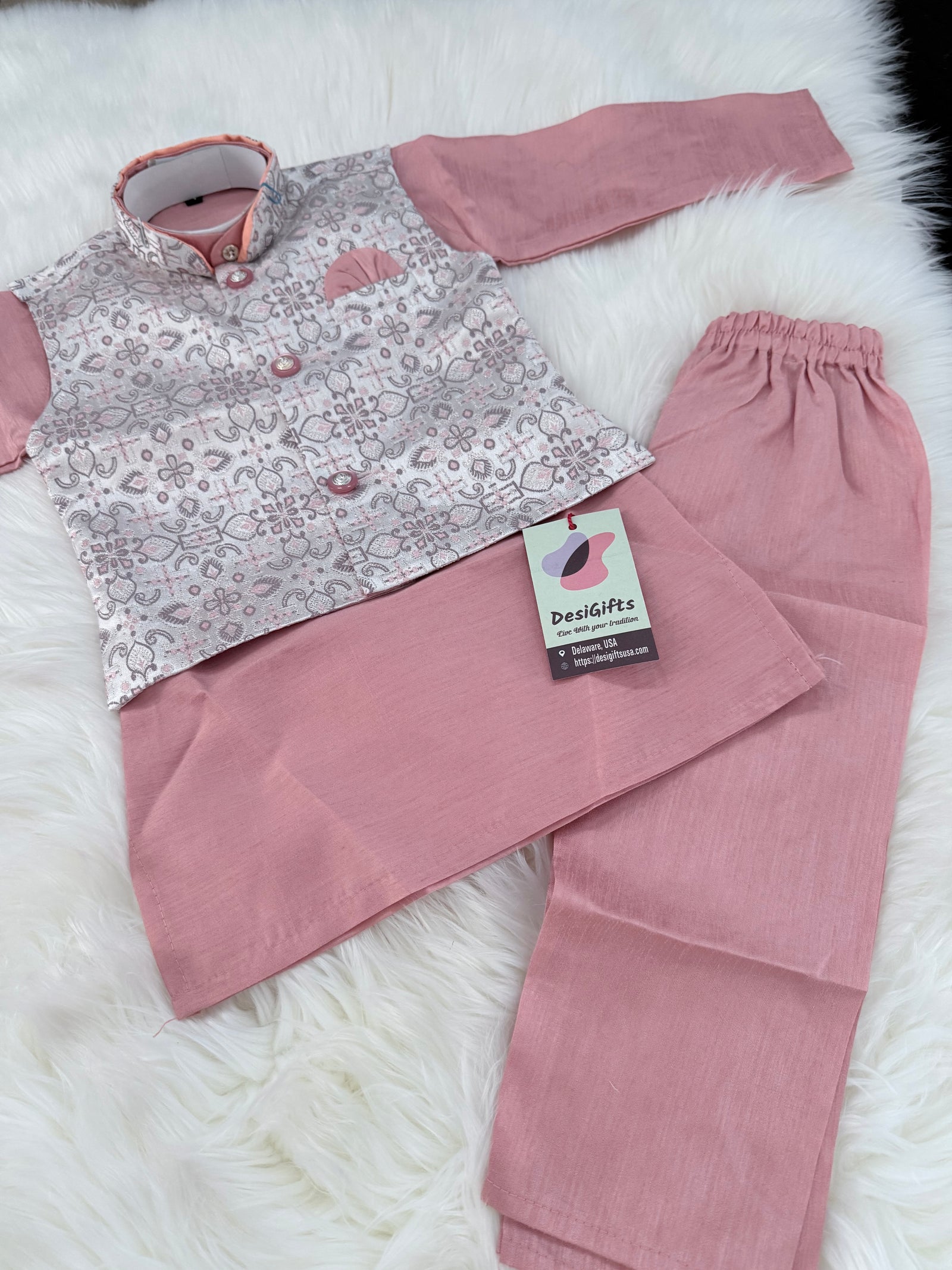 Carrot Shade 3 Piece Boy's Cotton  Silk Ethnic Kurta with Jacket, and Pajama- Design B-2012