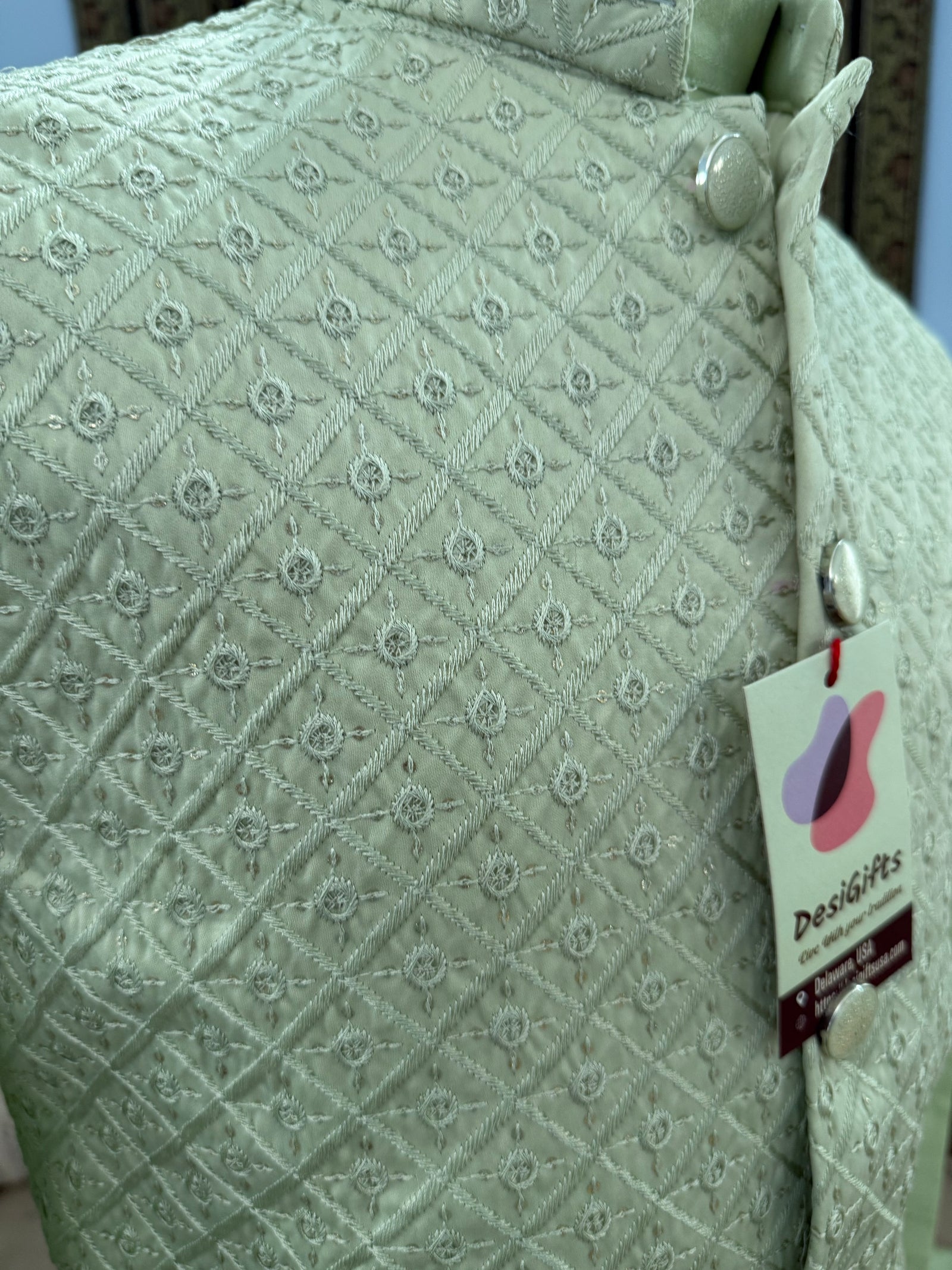 Pastel Green Shade 3 Piece Kurta Pajama, Pant Style, with Embroidered Sequins Jacket Set-Silk Fabric, JKP- 1924