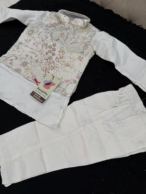 3 Piece Cream Kurta Pajama with Embroidery Jacket Set, Cotton Sateen Kurta, Father & Son's Outfit, DM - 2014