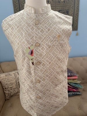 Men’s Light Beige Brocade Nehru Jacket – Blended Silk Indian Sadri, Festive Wedding Waistcoat, Ethnic Modi Jacket, J-3075