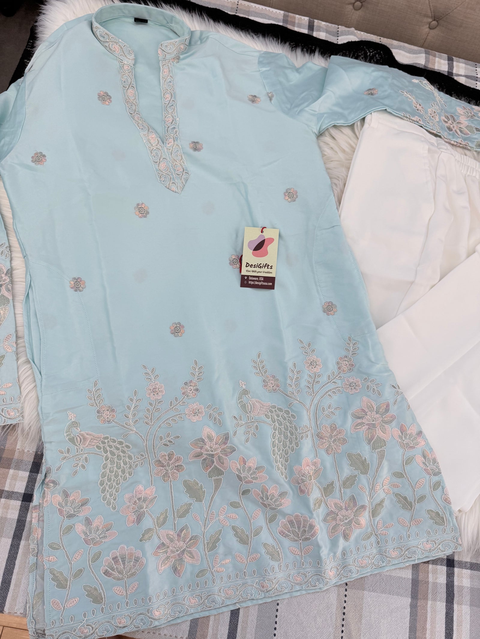 Men’s SkyBlue Shorter Kurta with Parallel Pants | Floral Embroidery Kurta Pajama Set | Indo-Western Wedding & Festive Kurta Set, KP - 4065