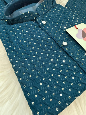 Pre-Teen and Teen Boy's Chikankari Embroidered Kurta Pajama with Sequins, Teal Blue Shade  - BOY-1911