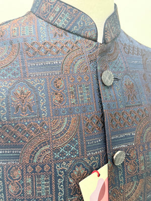 Men’s Navy Blue Brocade Nehru Jacket – Multicolor Woven Design Indian Wedding Waistcoat, Festive Modi Jacket, J-3090