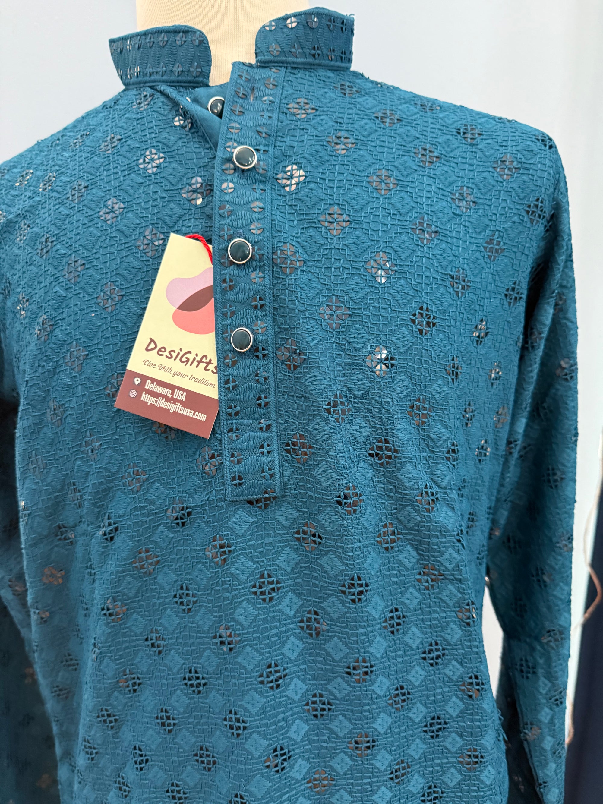 Teal Shade Chikankari Shirt-Style Short Kurta with Sequins – Ethnic Casual Kurta, SK - 1934