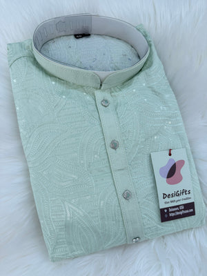 Light Green Jacquard Silk Kurta Pajama Set with Off-White Pant for Men – Self Design Ethnic Kurta, KPS-3027