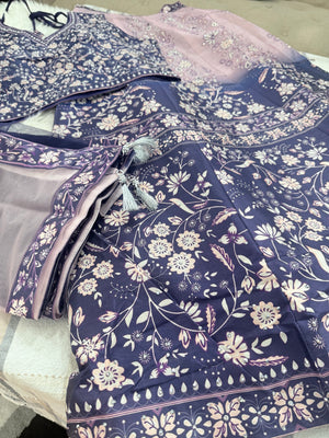Women’s Navy Blue & Dusty Pink Lehenga Choli Set with Dupatta – Digital Floral Print, Mirror-Style Sequin Work, Indian Wedding Festive Wear, LHG - 4009