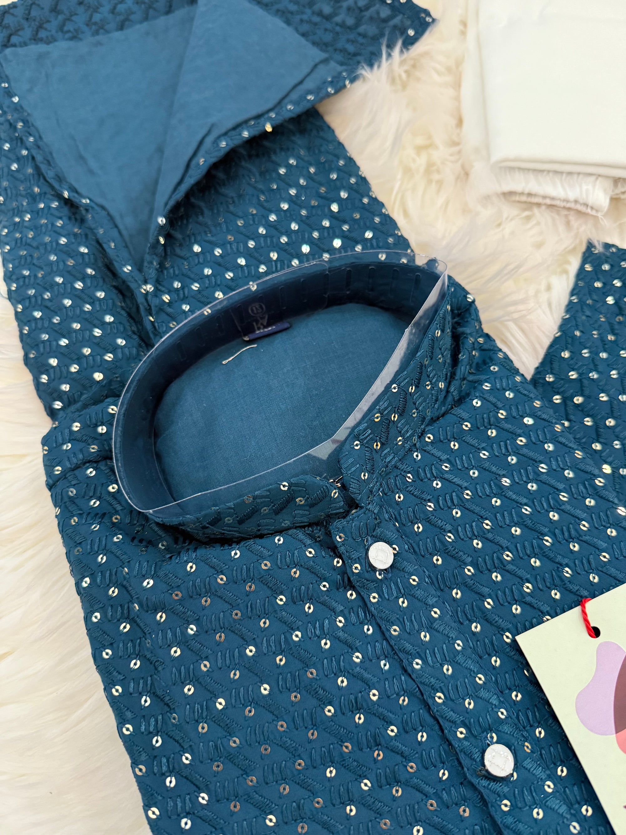 Pre-Teen and Teen Boy's Chikankari Embroidered Kurta Pajama with Sequins, Teal Blue Shade  - BOY-1911