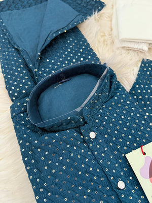 Pre-Teen and Teen Boy's Chikankari Embroidered Kurta Pajama with Sequins, Teal Blue Shade  - BOY-1911