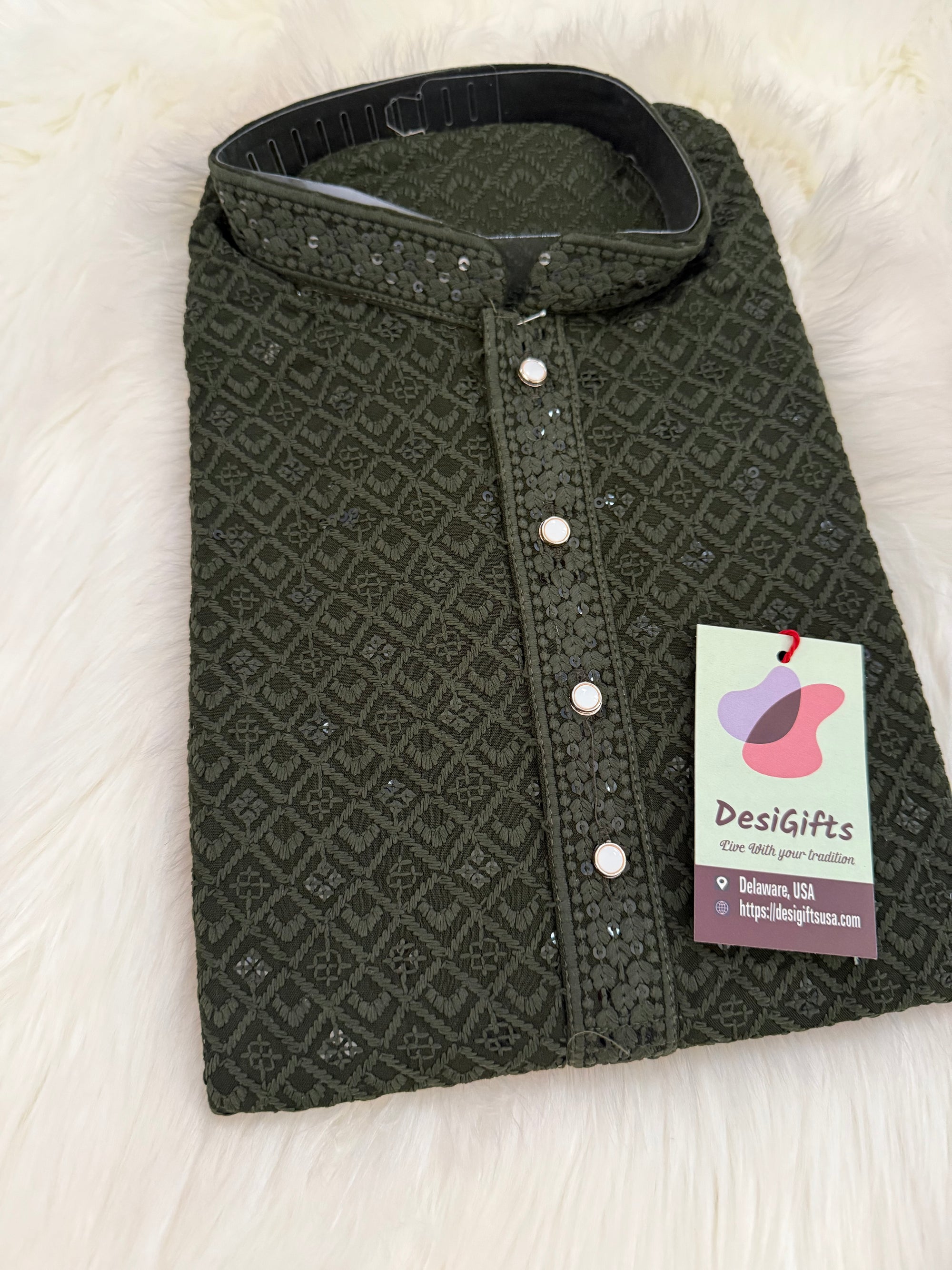 Shirt-Style Henna Green Chikankari Short Kurta with Sequins – Ethnic Casual Kurta-Design SK - 1932