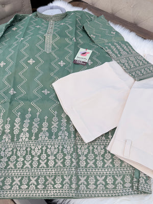 Men’s Sage Green Embroidered Kurta Pajama Set – Shorter Kurta with Ivory slight bootcut-style Pants, Indian Wedding & Festive Ethnic Wear, KP - 4004