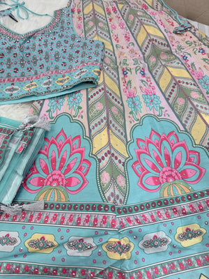 Aqua Blue & Pink Lehenga Choli Set with Dupatta – Digital Floral Print, Mirror-Style Sequin Work, Indian Wedding Festive Wear, LHG - 4010
