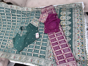 Bandhani Inspired Soft Silk Blend Saree with Matching Blouse, Floral Border & Pallu, Indian Wedding & Festive Sari, 2 Colors, S- 3081