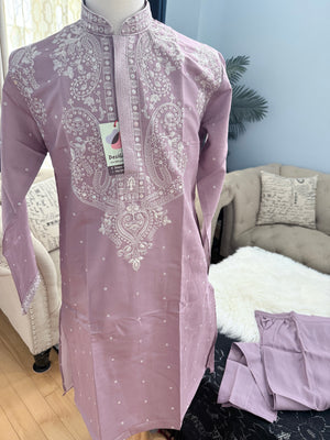 Lavender Shade Trendy Kurta Pajama for Men with Intricate White Embroidery, Wedding & Festive Indian Outfit, KP-1417