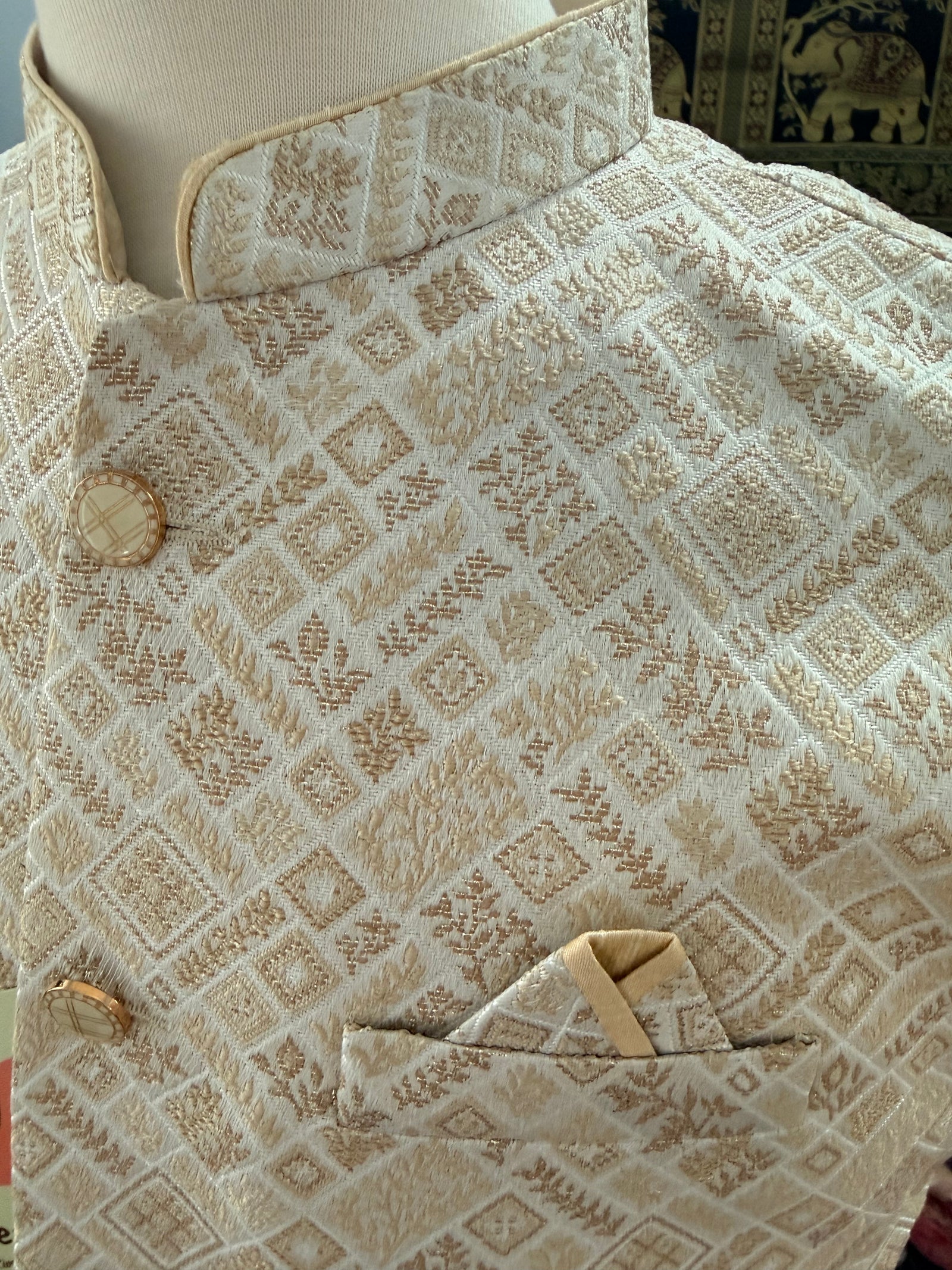 Men’s Light Beige Brocade Nehru Jacket – Blended Silk Indian Sadri, Festive Wedding Waistcoat, Ethnic Modi Jacket, J-3075
