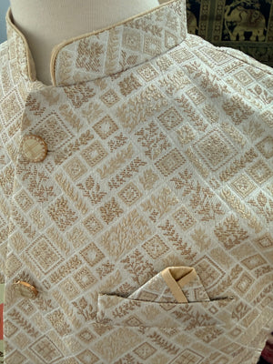 Men’s Light Beige Brocade Nehru Jacket – Blended Silk Indian Sadri, Festive Wedding Waistcoat, Ethnic Modi Jacket, J-3075