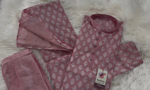 Men’s Onion Pink Banarasi Silk Blend Kurta Pajama Set White Woven Buti, Kurta with Trouser Pants, Indian Festive Wedding Wear – KP- 3076