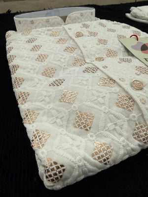 Cream Shade Men's Kurta Pajama set with Embroidery and Sequins. Two-piece Indian traditional outfit., KP - 2027